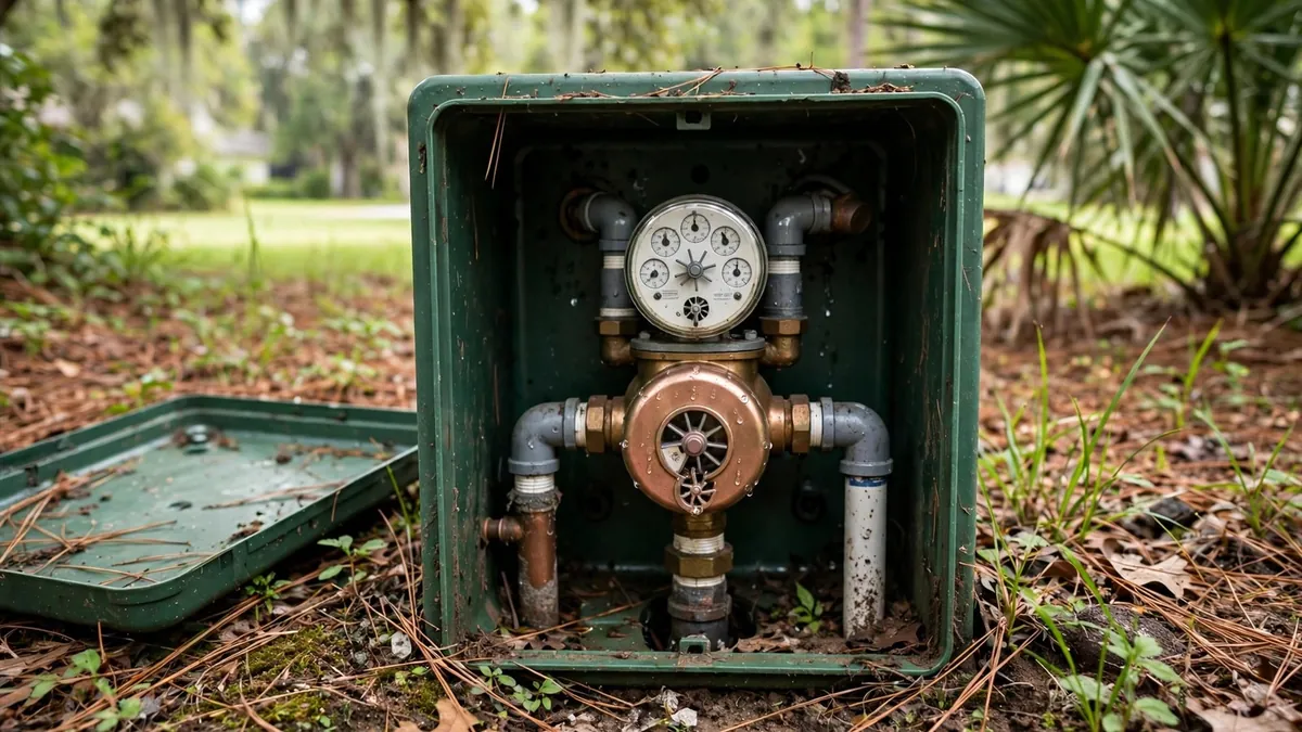 Residential water meter with the lid open, used to check for a hidden leak