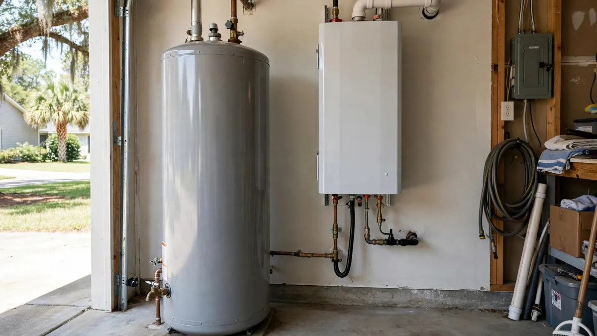 Tank and tankless water heaters side by side for comparison