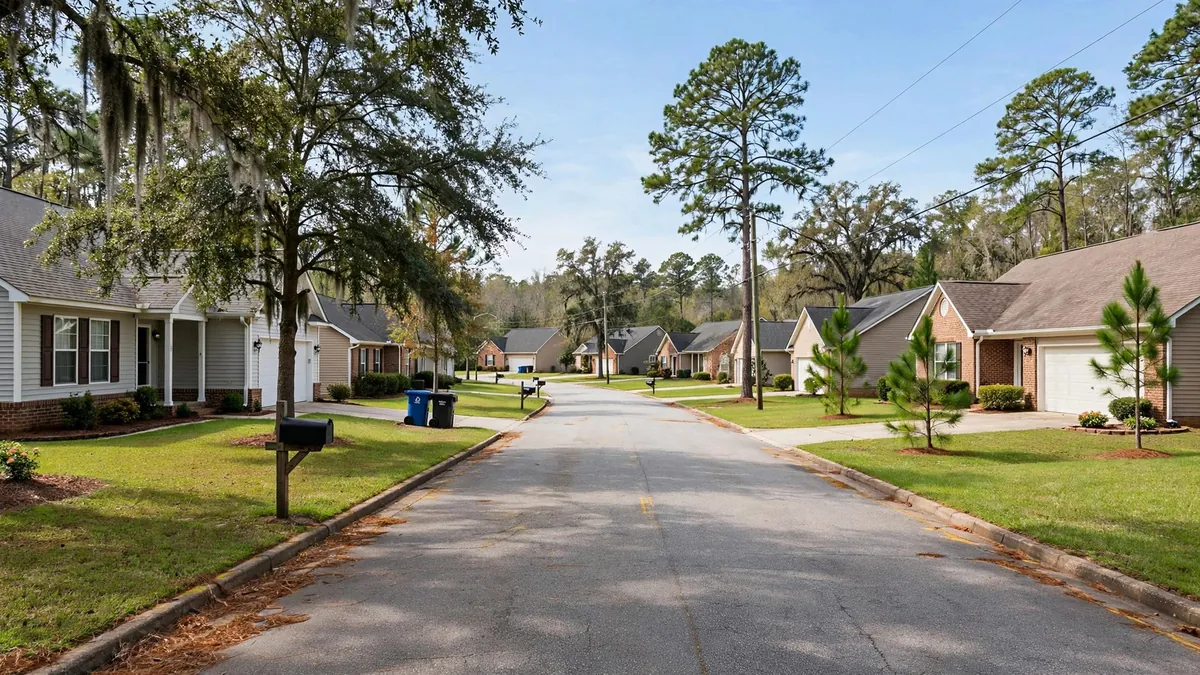 Homes on large lots along a road in Hopkins, SC