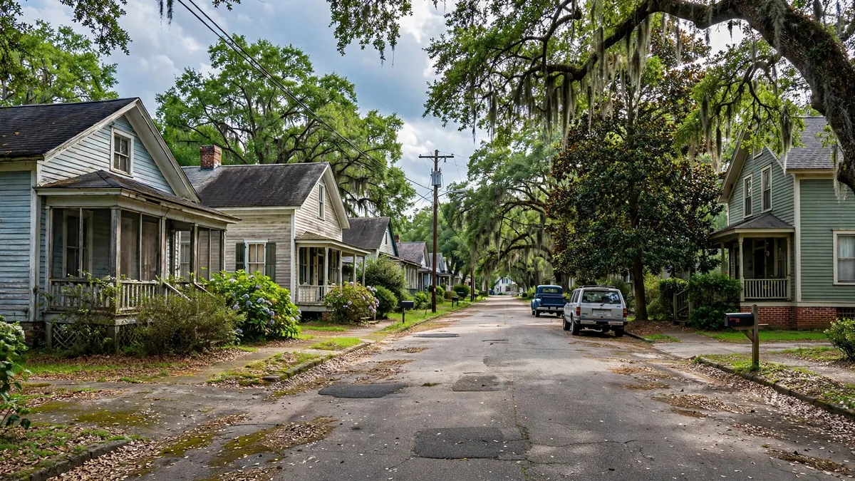 Older homes along a tree-lined street in West Columbia, SC