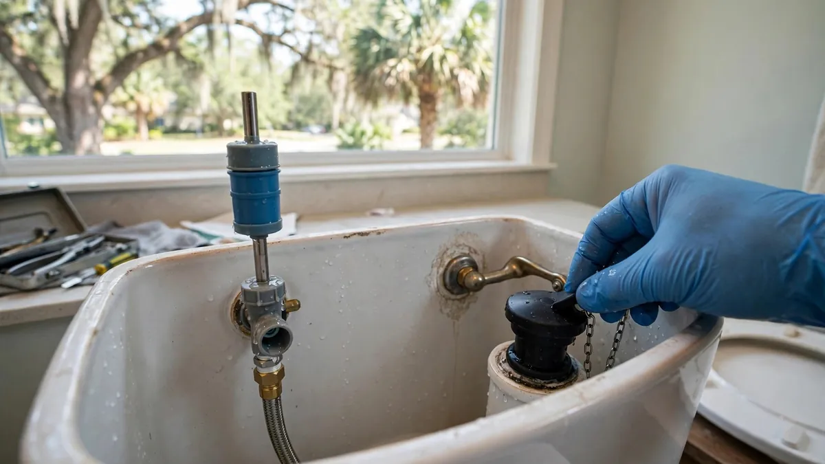 Hand adjusting the fill valve and flapper inside a toilet tank during a toilet repair