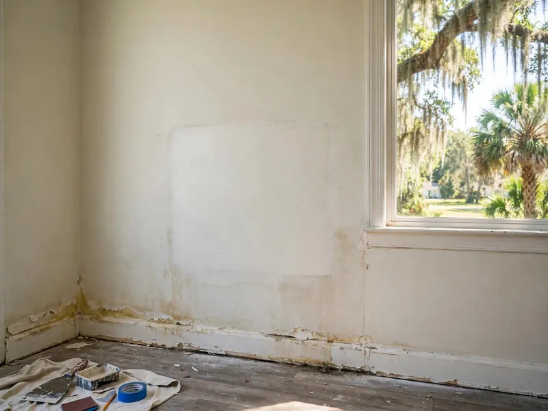 Repaired and painted wall after water damage restoration