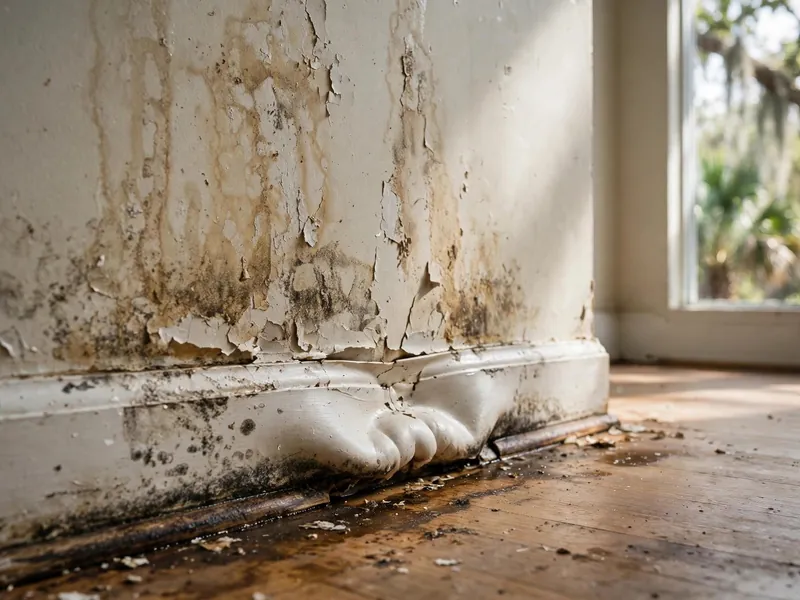 Water-stained drywall and swollen baseboards before restoration