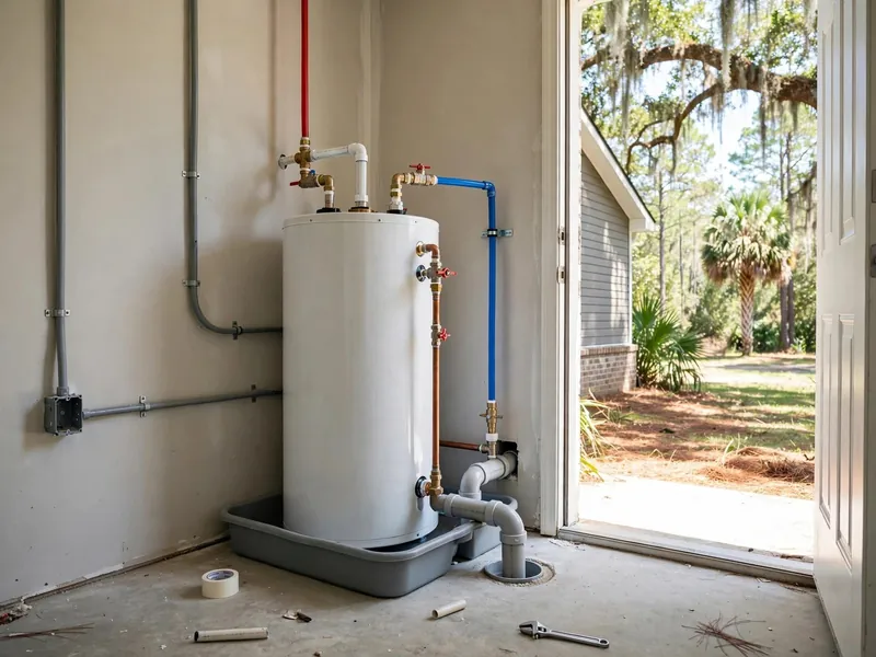 New water heater installed with a drain pan after replacement