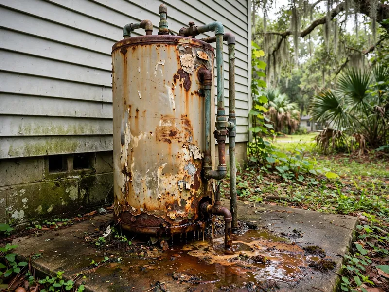 Old rusted water heater with corroded fittings before replacement