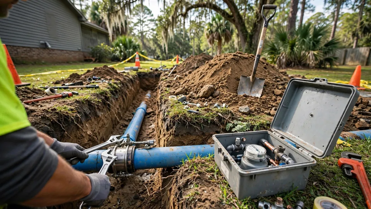 Excavated water service line beside the meter box during a water line repair